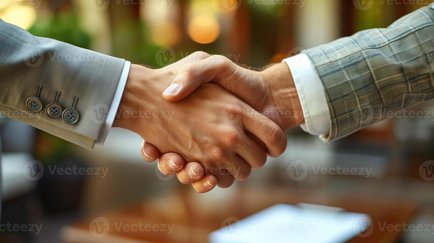 ai generiert schließen oben von Geschäft Menschen zittern Hände im Büro. erfolgreich Verhandlung Konzept. foto