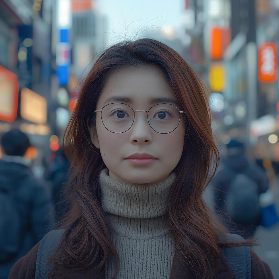 ai generiert Porträt von jung schön japanisch Frau im Brille auf beschäftigt Stadt Straße foto