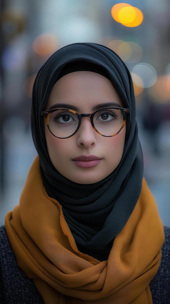 ai generiert schön jung Muslim Frau tragen Brille und Hijab foto