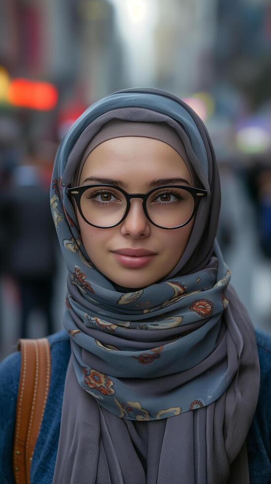 ai generiert schön jung Muslim Frau tragen Brille und Hijab foto