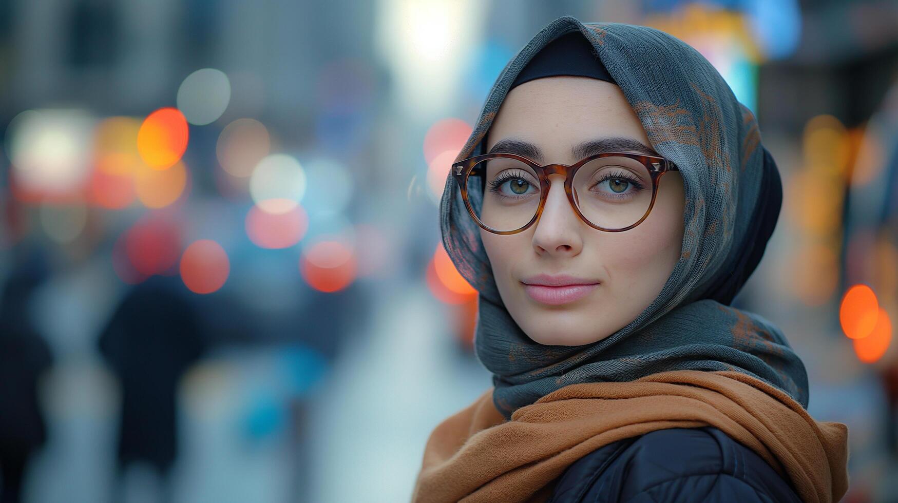 ai generiert schön jung Muslim Frau tragen Brille und Hijab foto