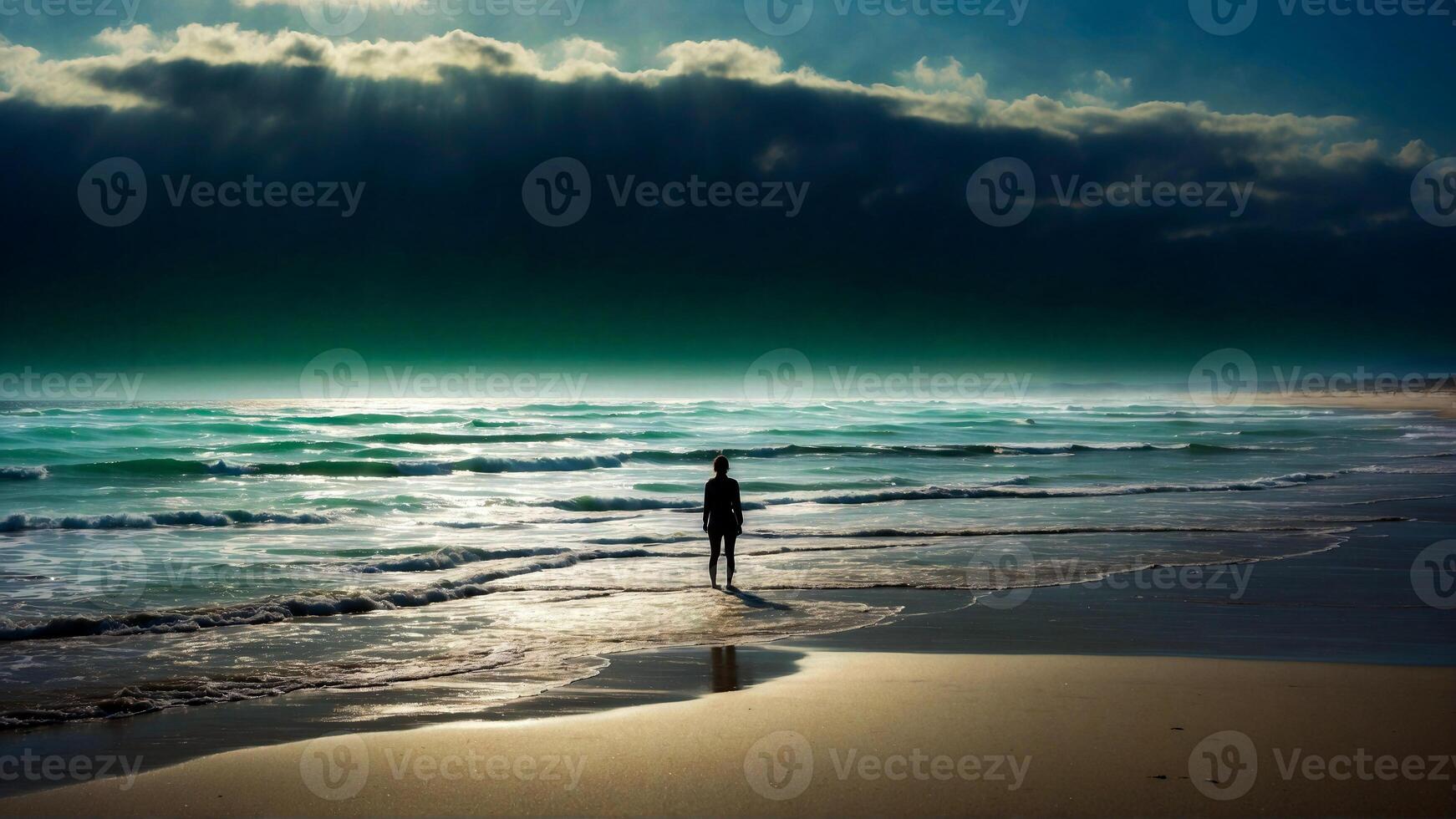 ai generiert ein Person Stehen auf das Strand suchen beim das Ozean foto