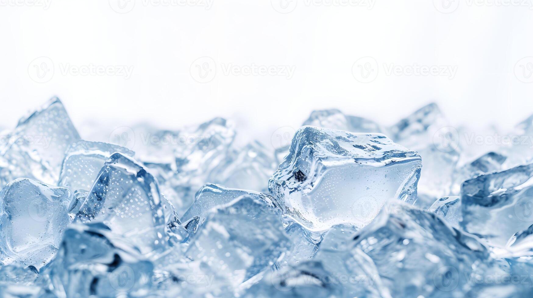 ai generiert Kristall klar Eis Würfel gestapelt oben mit ein cool Blau Farbton Hintergrund foto