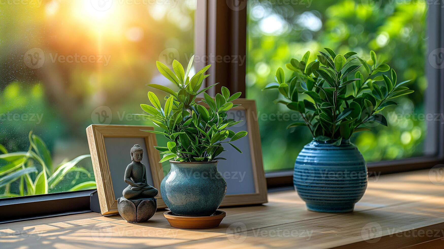 ai generiert Buddha Statue auf das Regal mit Vase und Pflanzen. Innere Dekor. frisch natürlich Spa Hintergrund Konzept mit asiatisch Geist foto