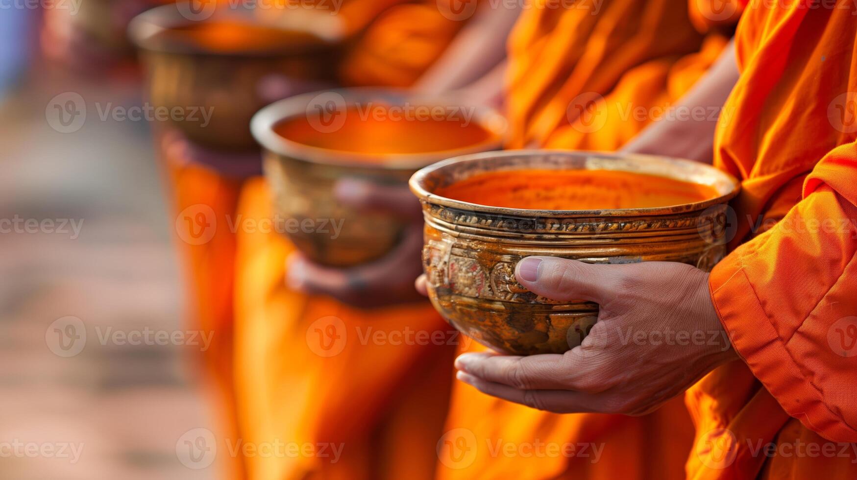 ai generiert Buddhist Mönche im Orange Roben halten Almosen Schalen während ein Morgen Ritual im Süd-Ost Asien, abbilden religiös trainieren und Traditionen foto