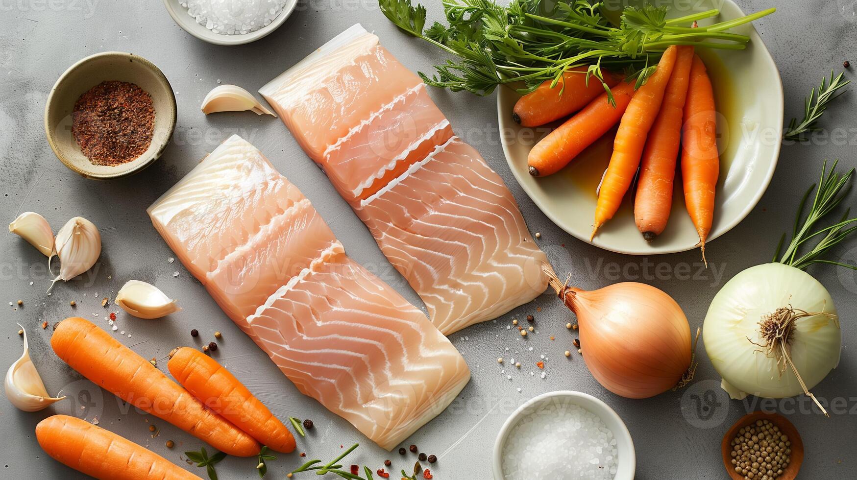 ai generiert ein Auswahl von roh Zutaten zum Herstellung gefilte Fisch, einschließlich Fisch Filets, Zwiebeln, und Möhren, isoliert auf ein Gradient Hintergrund foto