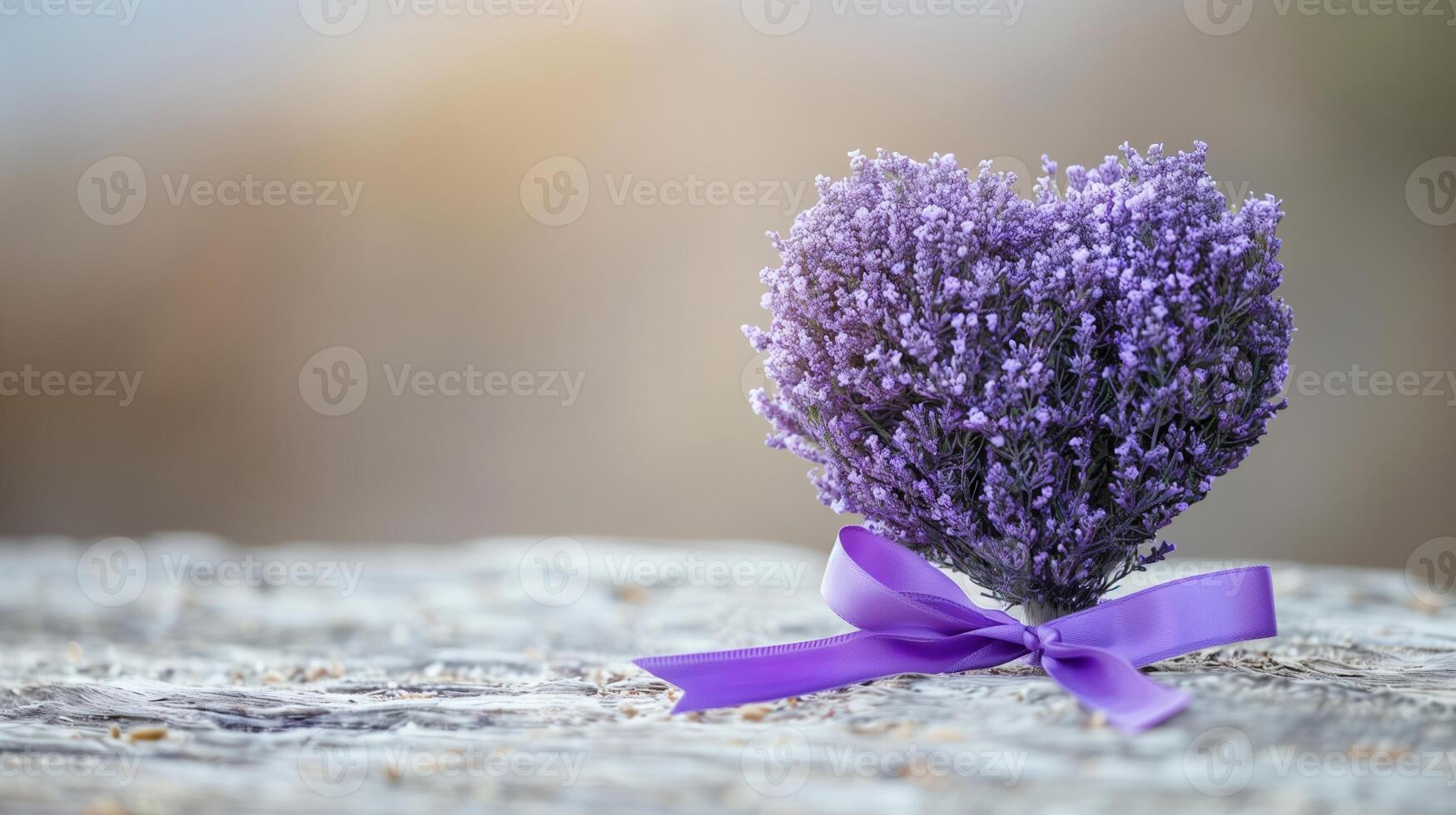 ai generiert Strauß von Lavendel Blumen gebunden mit ein lila Band auf ein texturiert Oberfläche mit ein Sanft Fokus Hintergrund, vermitteln ein Sinn von Ruhe oder ein elegant Mütter Tag Geschenk Konzept foto