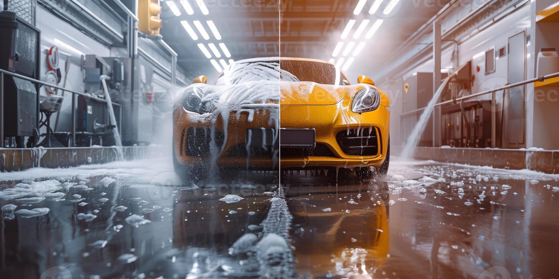 ai generiert ein Auto Laufen durch ein automatisch Auto waschen mit Bürsten und Wasser Schlagen Fahrzeug. foto