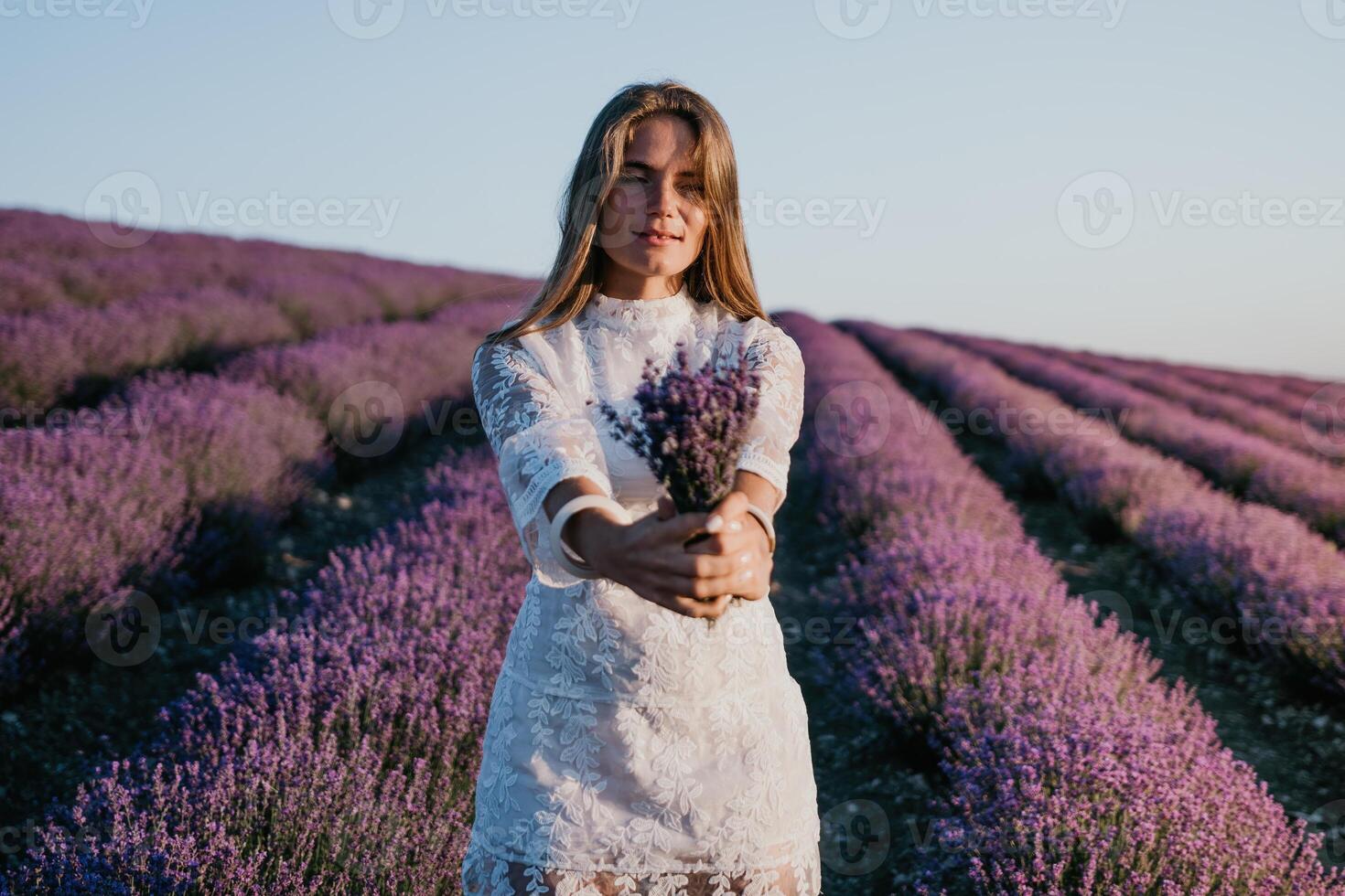 Frau Lavendel Feld. glücklich sorglos Frau im ein Weiß Kleid Gehen im ein Lavendel Feld und riechen ein Lavendel Strauß auf Sonnenuntergang. Ideal zum warm und inspirierend Konzepte im Fernweh und Reise. foto