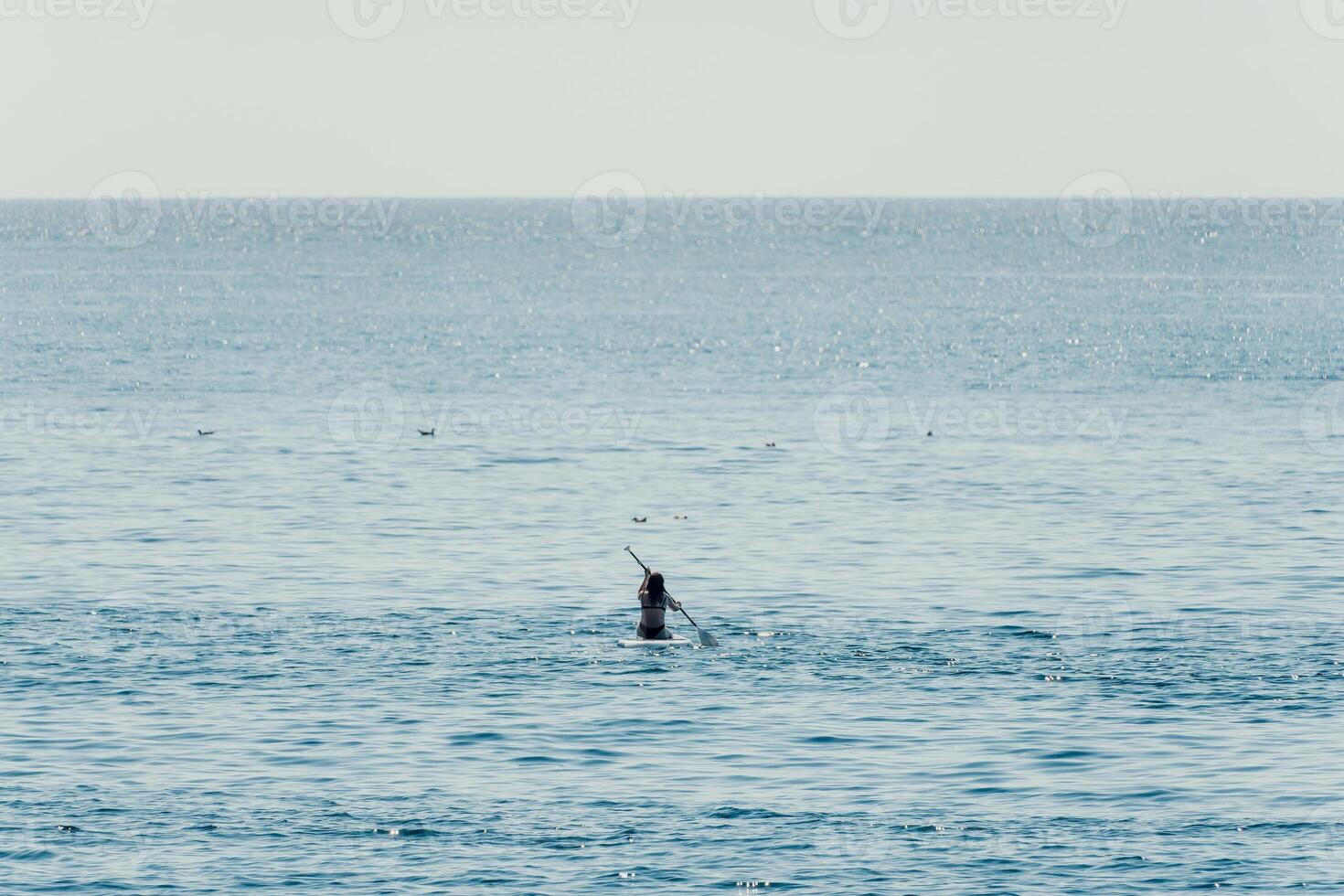 Meer Frau sup. Silhouette von glücklich positiv jung Frau im Bikini, Surfen auf sup Planke, zuversichtlich Paddeln durch Wasser Oberfläche. idyllisch Sonnenuntergang. aktiv Lebensstil beim Meer oder Fluss. schleppend Bewegung. foto