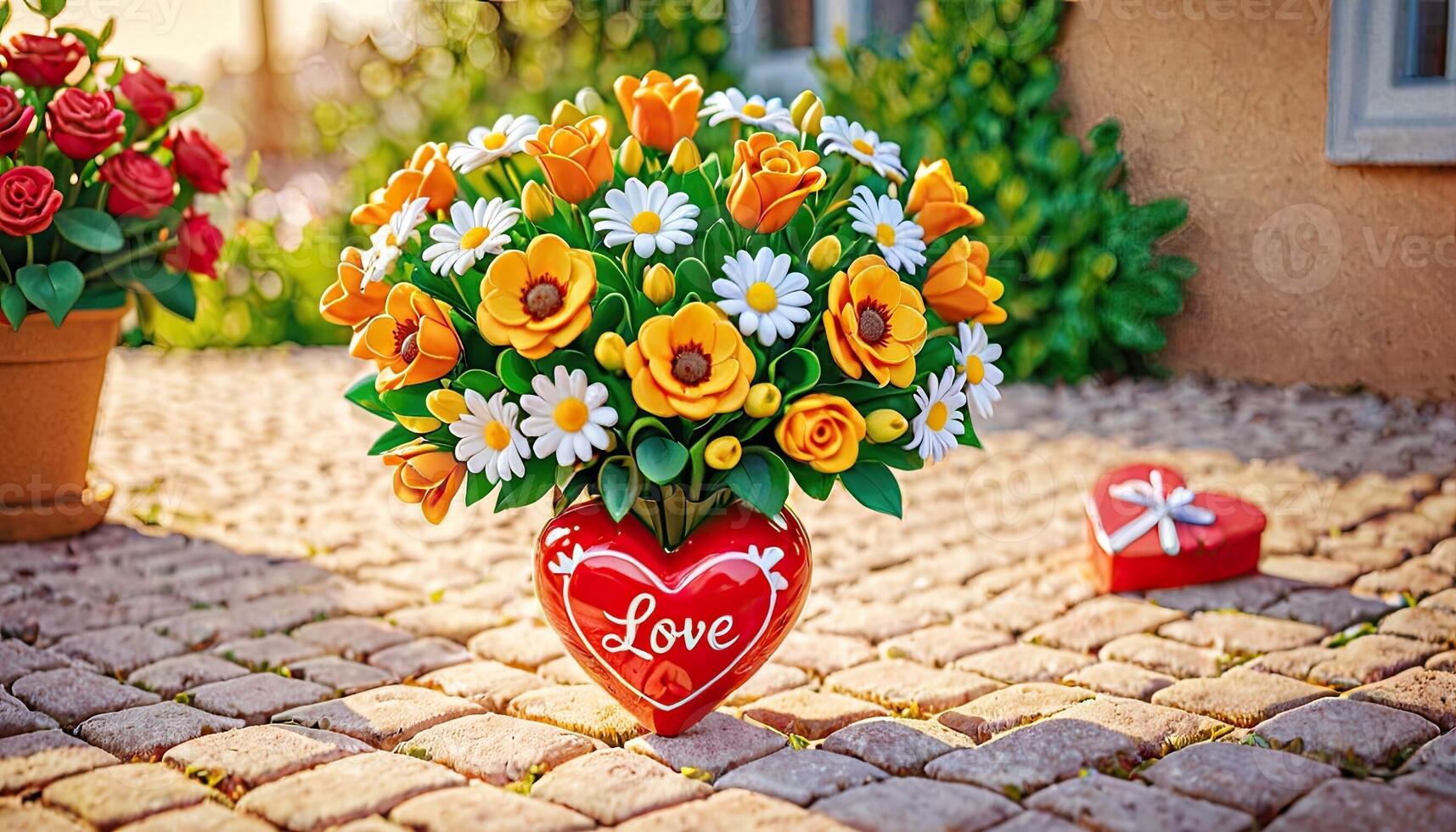 ai generiert Blumen im herzförmig Vase, romantisch Geste, Valentinstag Tag Liebe Symbol, Blumen- Anordnung, Geschenk Idee, Karikatur Stil unter warm Sonnenschein foto