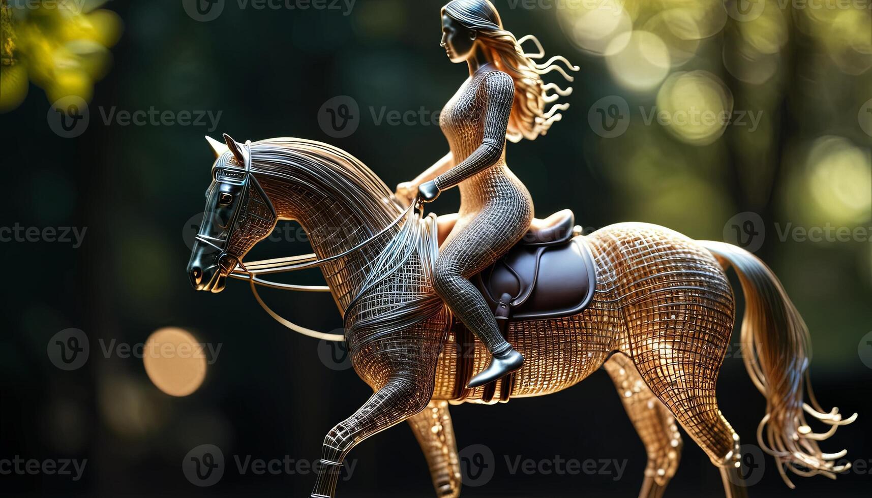 ai generiert Frau auf Pferd gebogen Draht Zahl auf verschwommen Hintergrund, abstrakt Draht Tier kreativ Zahlen, Kunst und Phantasie Überschneidung. foto