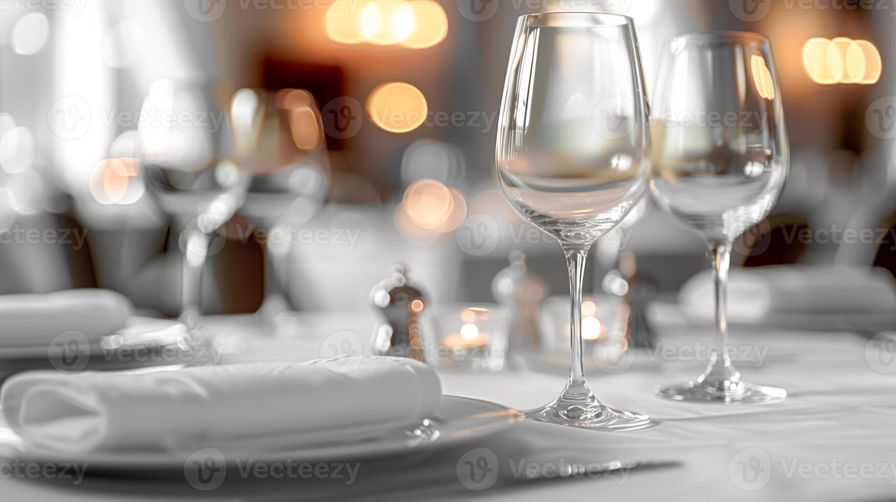 ai generiert elegant Tabelle Rahmen mit Kristall Wein Brille im ein fein Essen Restaurant, Bokeh Beleuchtung Erstellen ein intim Ambiente, geeignet zum Besondere Anlässe oder romantisch Abendessen foto