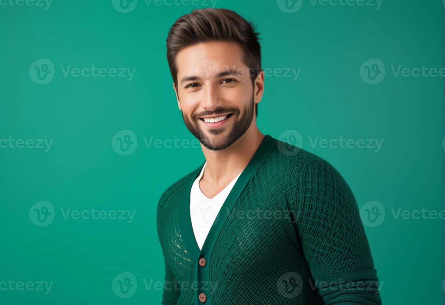 ai generiert lächelnd jung kaukasisch Mann im ein Grün Strickjacke gegen ein beschwingt Grün Hintergrund, Ideal zum Mode und Heilige Patricks Tag verbunden Themen foto