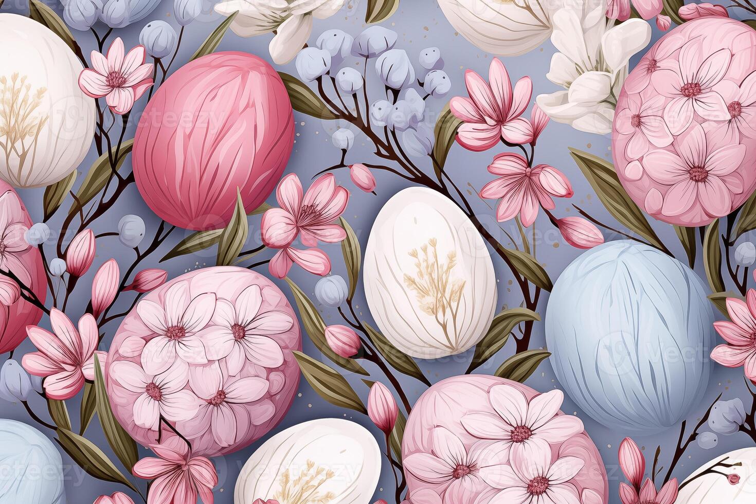 ai generiert Ostern nahtlos Muster mit Blumen und Eier, Pastell- Farben, saisonal Design foto