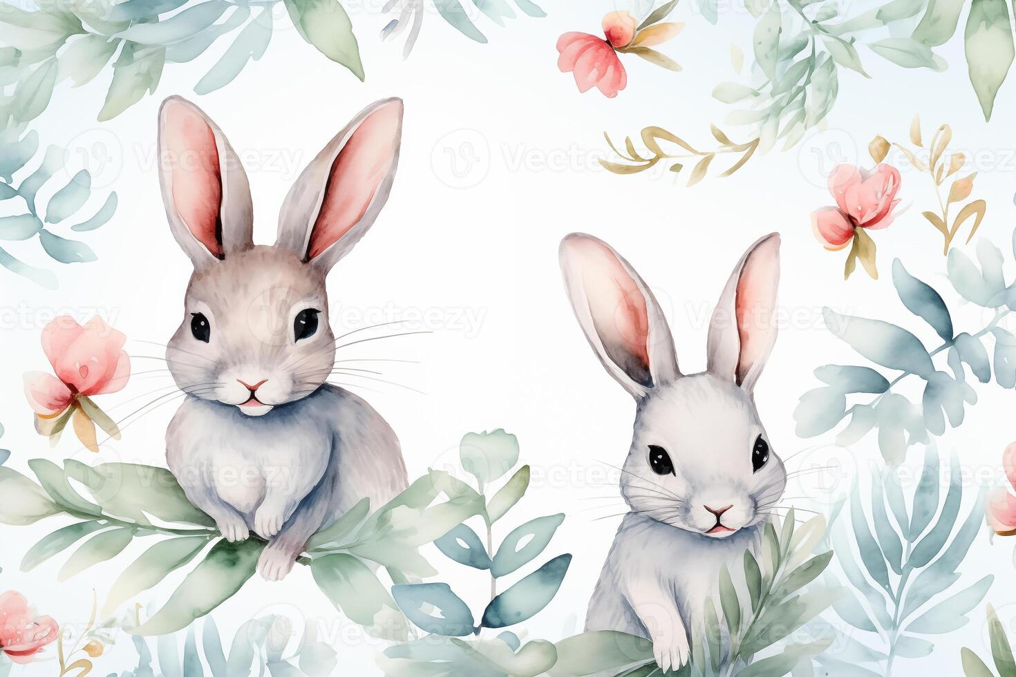 ai generiert Aquarell nahtlos Ostern Muster mit Eukalyptus, Blumen, Bogen, Hasen. isoliert auf Weiß Hintergrund. Hand gezeichnet Clip Art. perfekt zum Karte, Textil, Stichworte, Einladung, Drucken foto