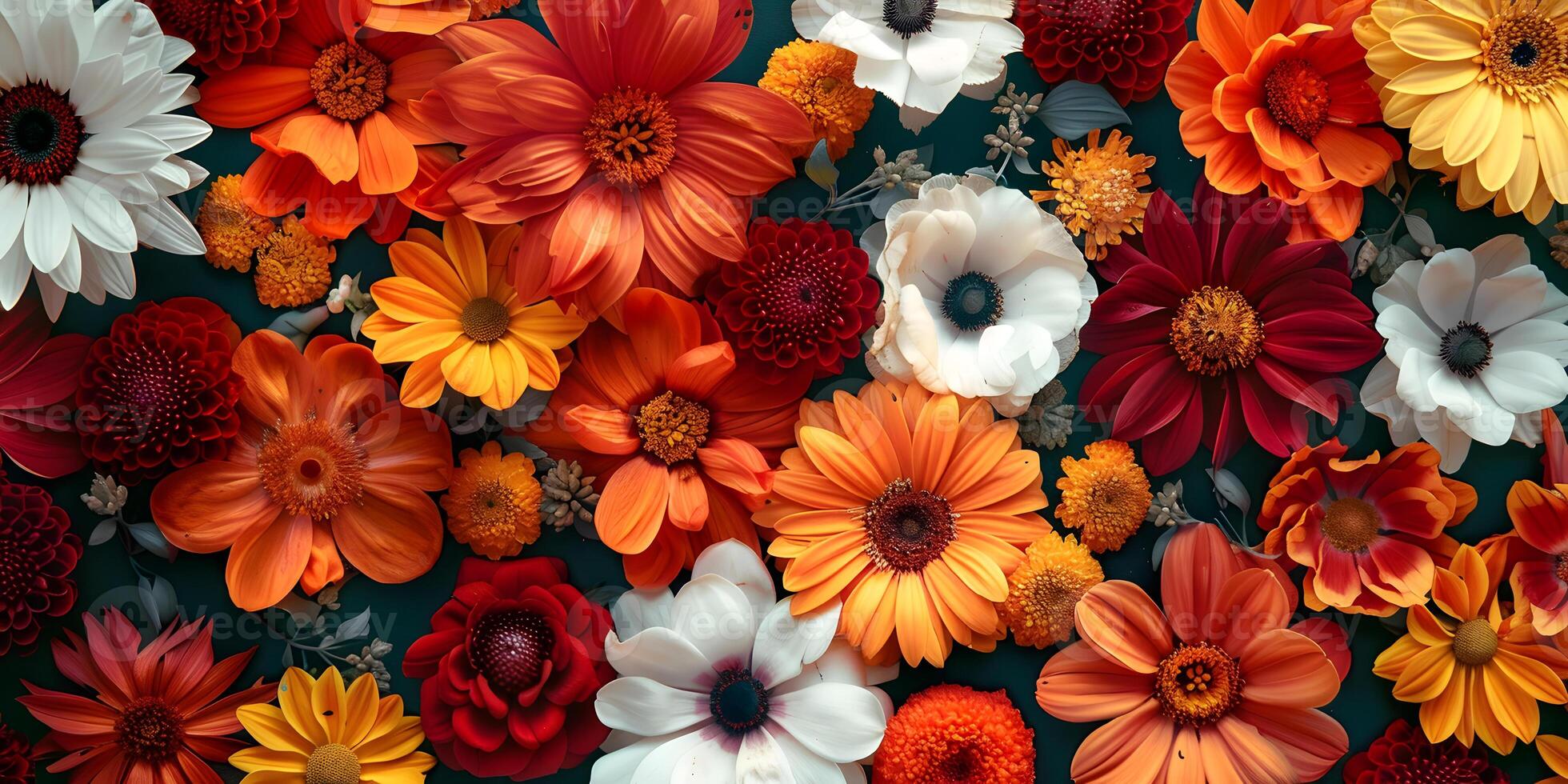 ai generiert verschiedene Blumen abgebildet im Kunstwerk, einschließlich rot und Orange Blütenblätter foto