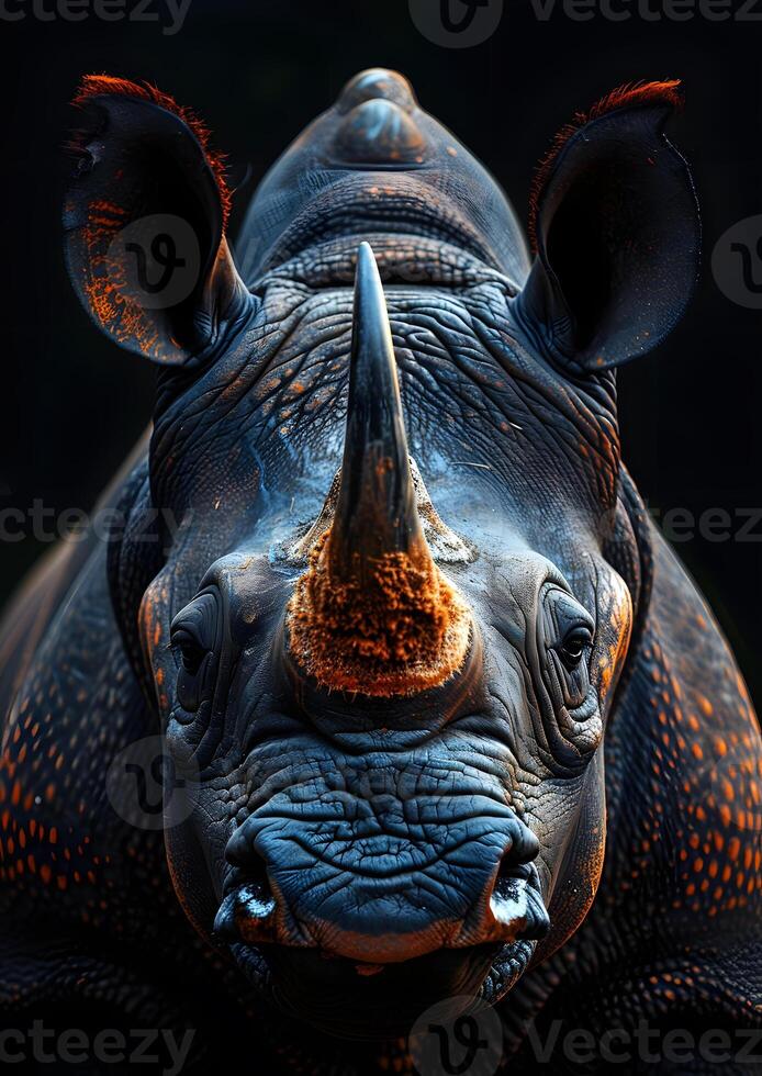 ai generiert Nahansicht von ein Nashorn mit ein lange Horn, präsentieren Tierwelt im Dunkelheit foto