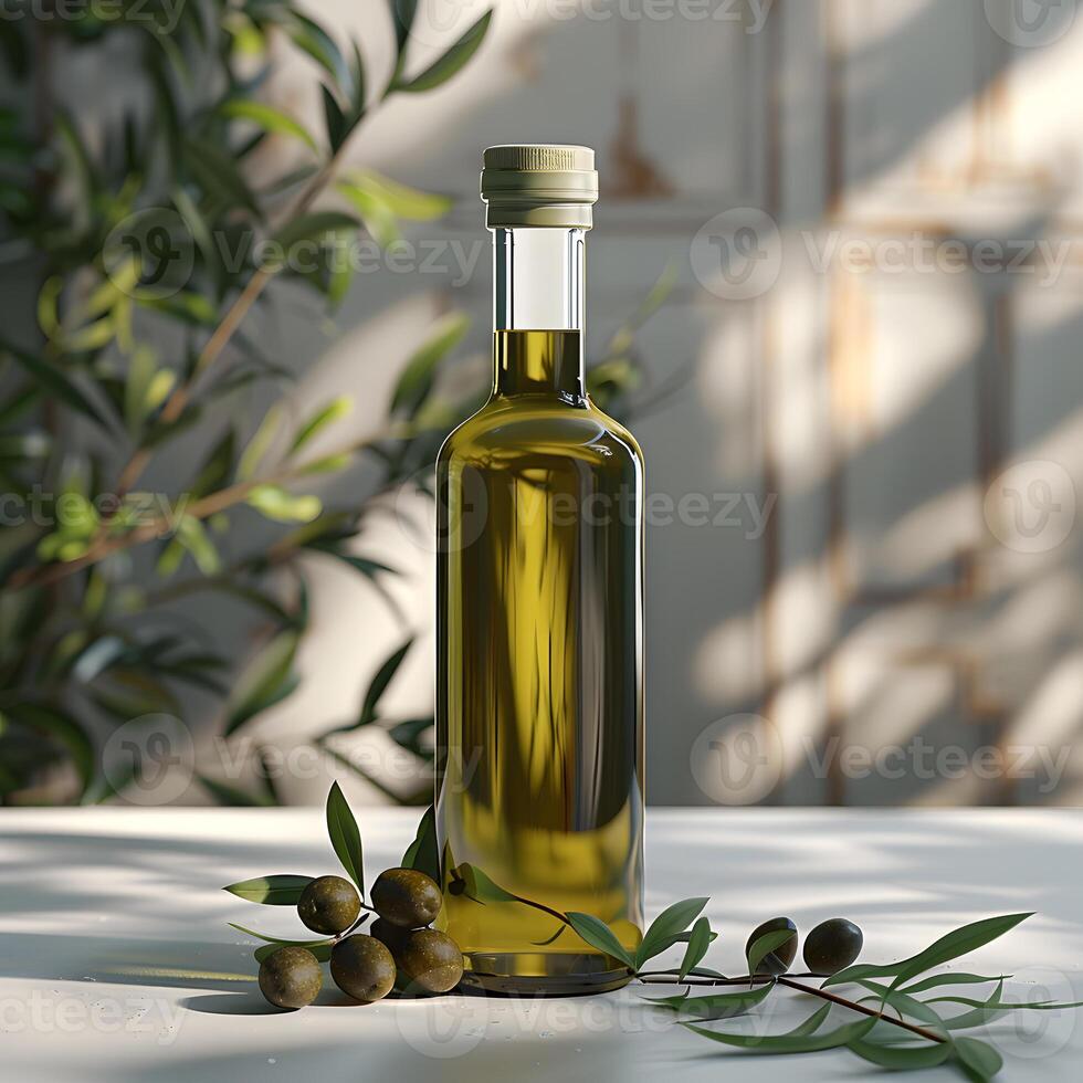 ai generiert Glas Flasche von Olive Öl und ein Gericht von Oliven auf ein Tabelle foto