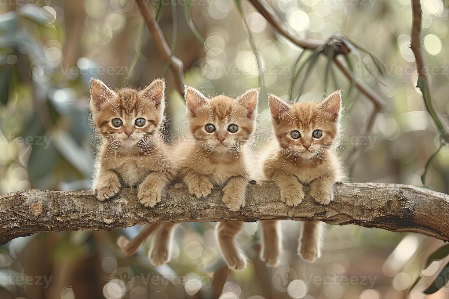 ai generiert Kätzchen Katze Baby Gruppe von Tiere hängend aus auf ein Zweig, Niedlich, lächelnd, bezaubernd foto