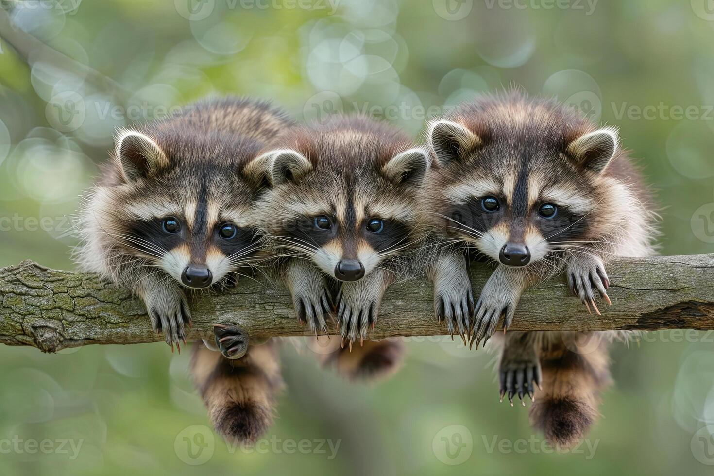 ai generiert Waschbär Baby Gruppe von Tiere hängend aus auf ein Zweig, Niedlich, lächelnd, bezaubernd foto