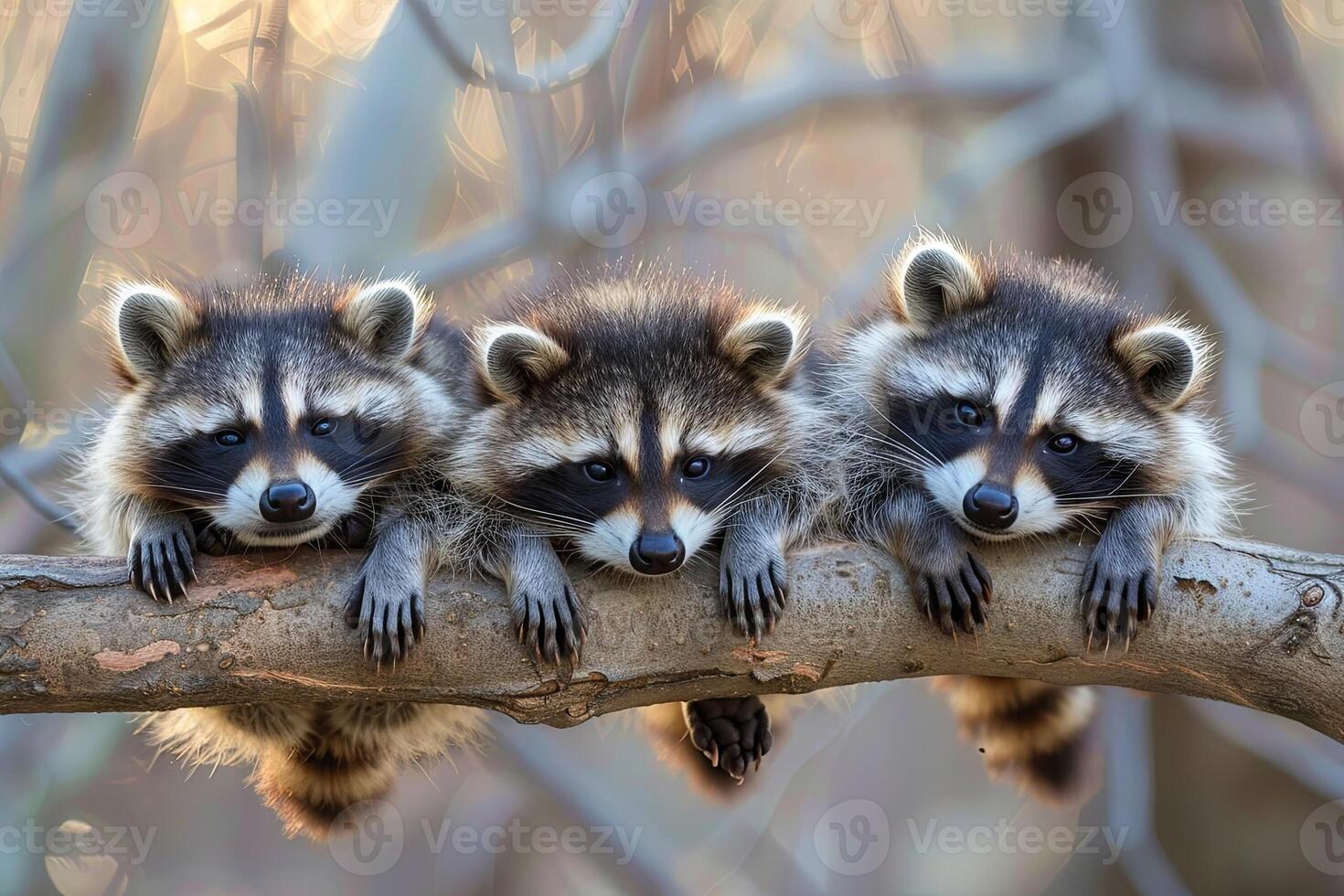 ai generiert Waschbär Baby Gruppe von Tiere hängend aus auf ein Zweig, Niedlich, lächelnd, bezaubernd foto