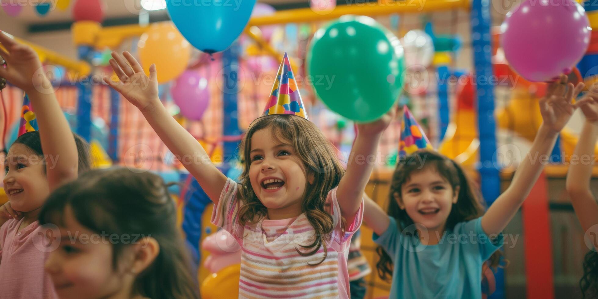 ai generiert ein Gruppe von jung Mädchen sind halten Luftballons im ihr Hände beim ein Geburtstag Party foto