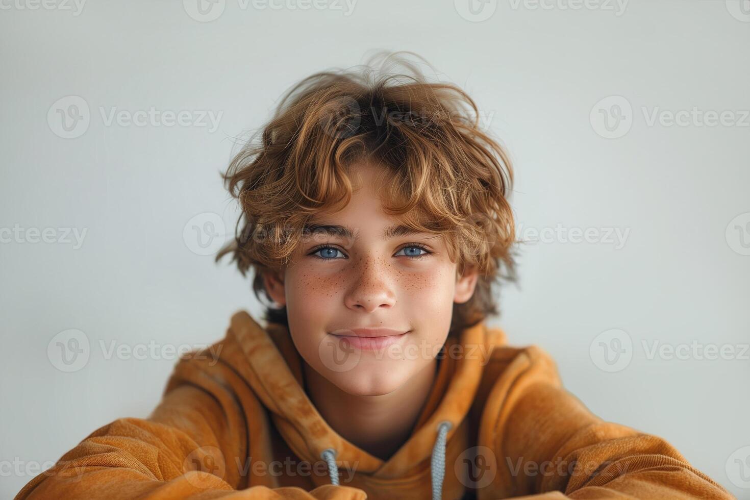 ai generiert Porträt von lächelnd Junge im Kapuzenpullover suchen beim Kamera auf ein Licht Hintergrund foto
