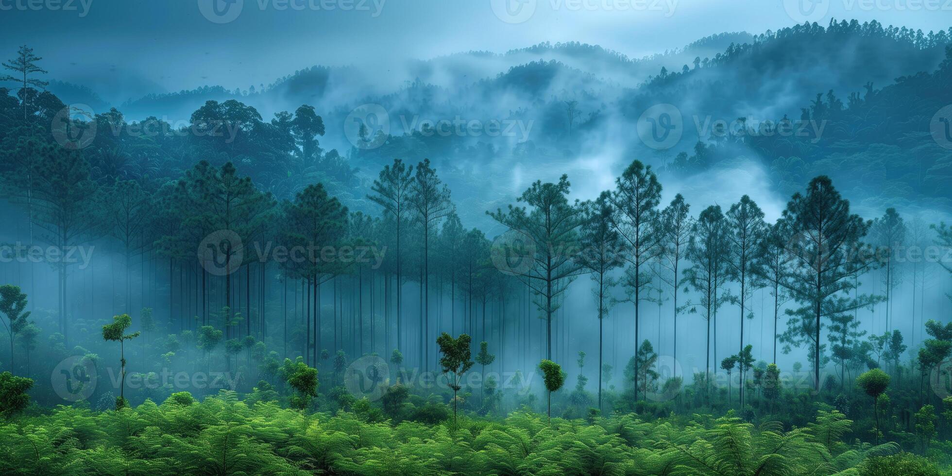 ai generiert bewachsen fällen im nebelig Berg Wald im das Morgen, schön Natur Landschaft. foto