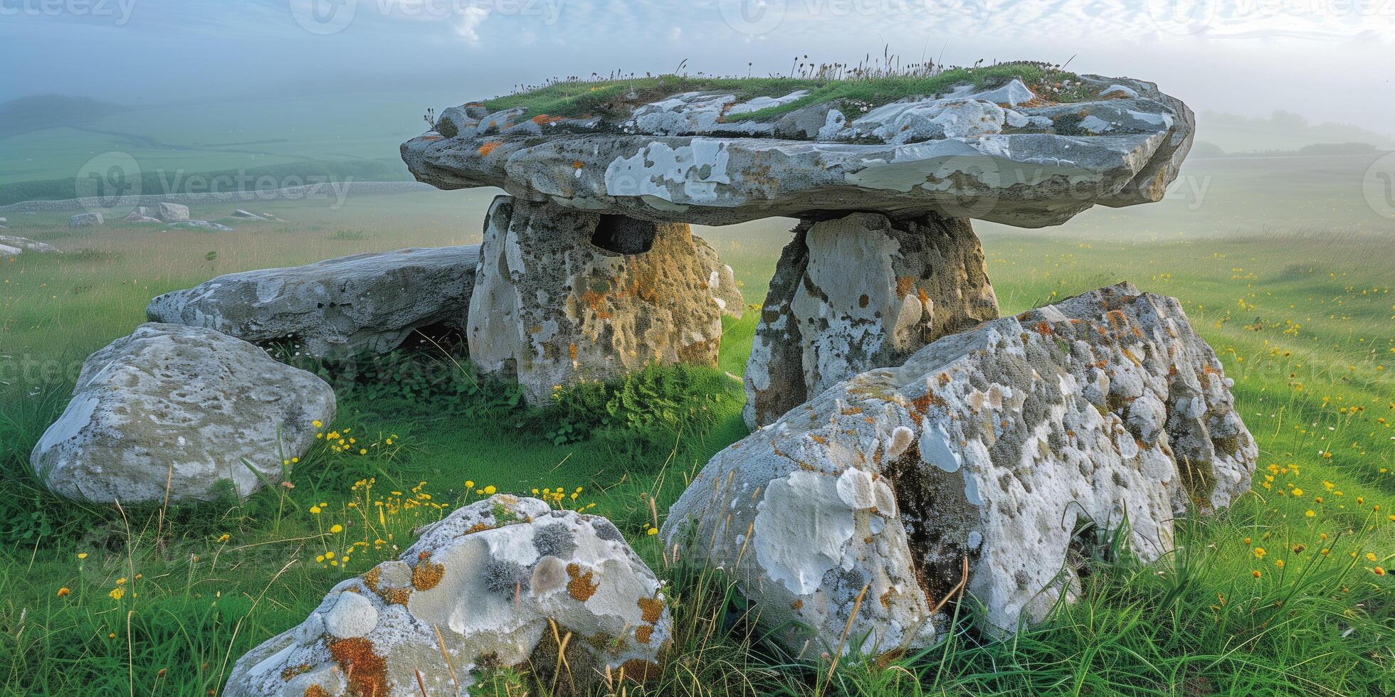 ai generiert uralt Megalith Dolmen auf ein nebelig Morgen im ein Wiese foto