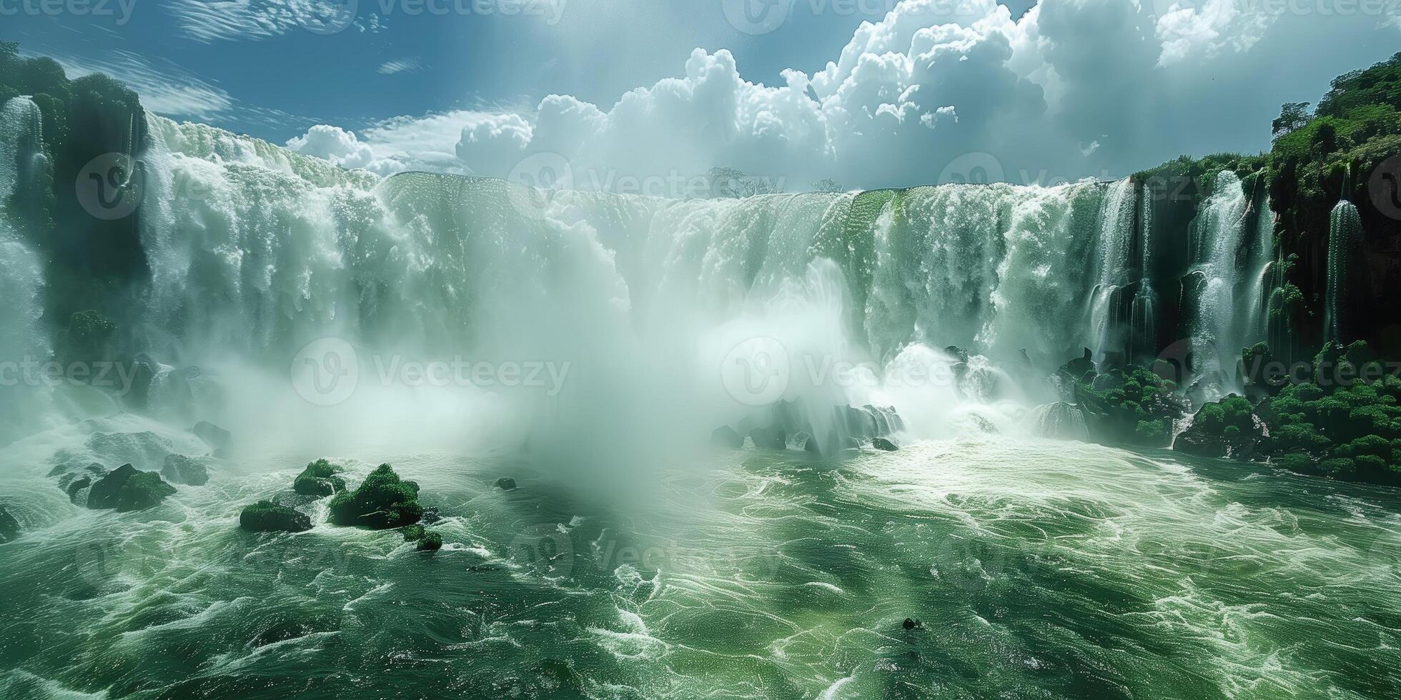 ai generiert Panorama- Aussicht von groß kraftvoll Wasserfall foto