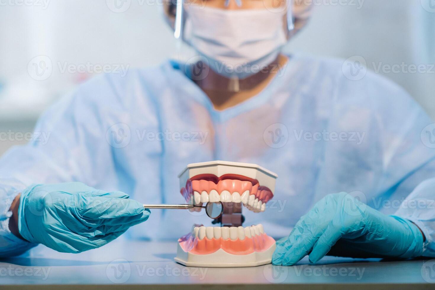 ein Dental Arzt tragen Blau Handschuhe und ein Maske hält ein Dental Modell- von das Oberer, höher und niedriger Kiefer und ein Dental Spiegel foto