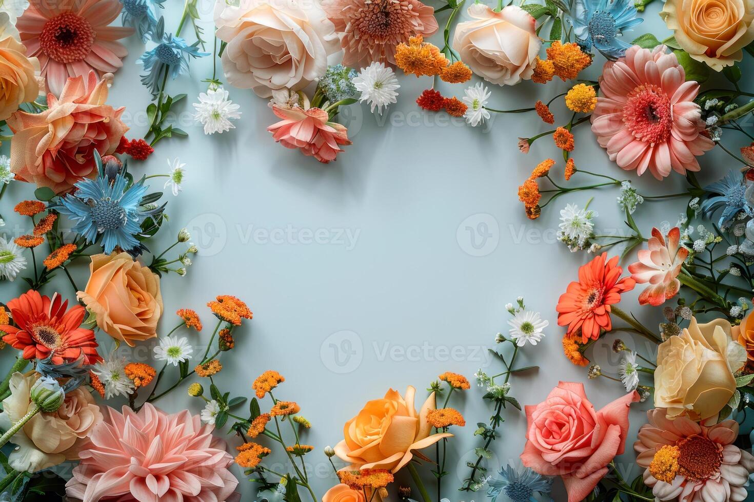 ai generiert beschwingt Blumen- Rahmen auf Sanft Blau Hintergrund foto