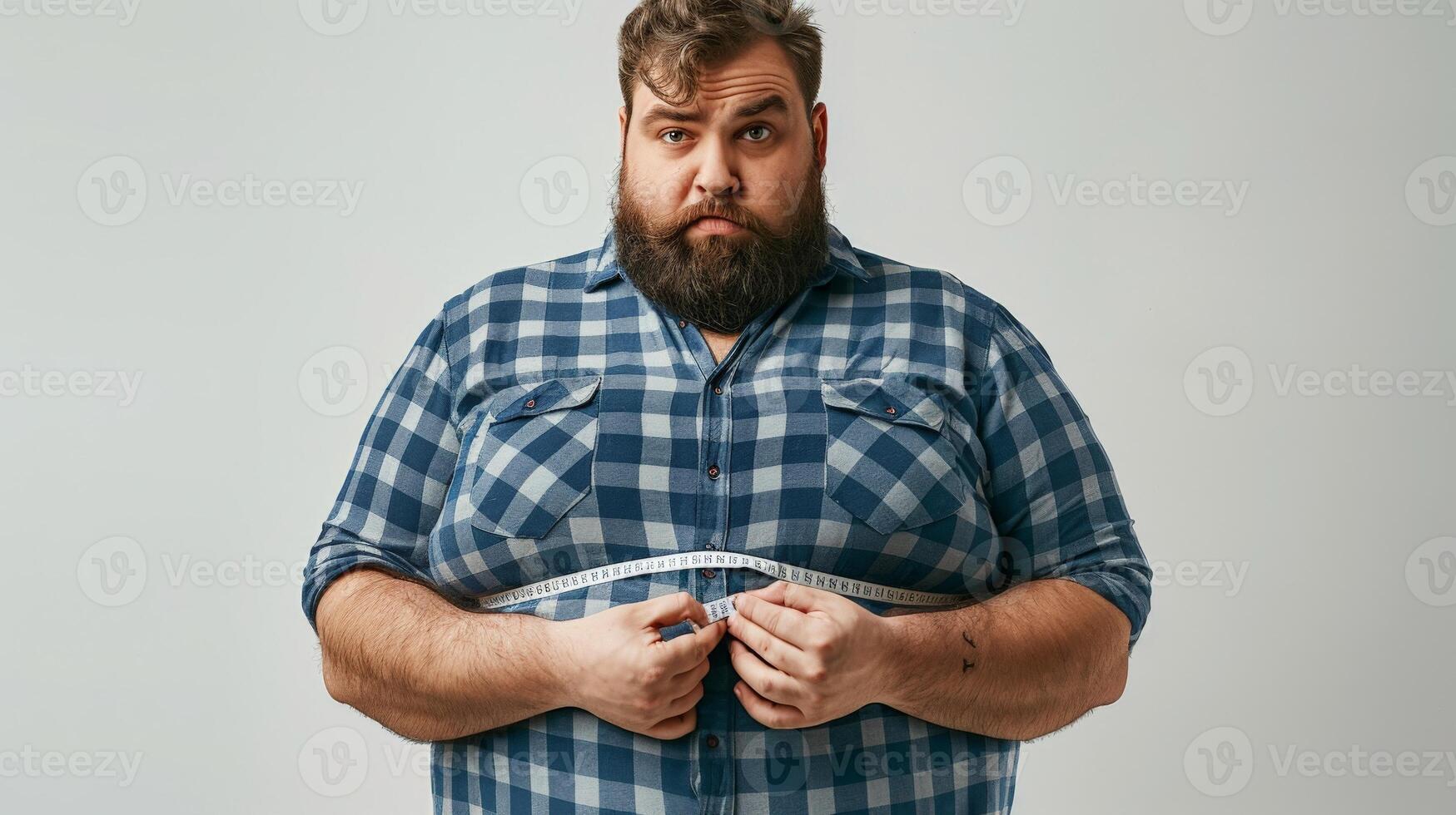 ai generiert ein Fett Mann ist mit Taille Messung Band zu messen seine Taille, Übergewicht Konzept foto