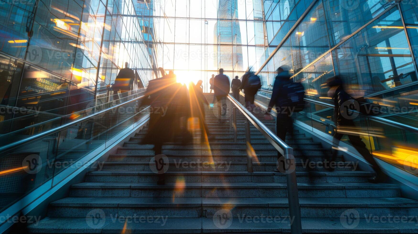 ai generiert ein Gruppe von Menschen sind Gehen oben ein einstellen von Treppe im ein beschäftigt Stadt, verwischen Bewegung, generativ ai foto