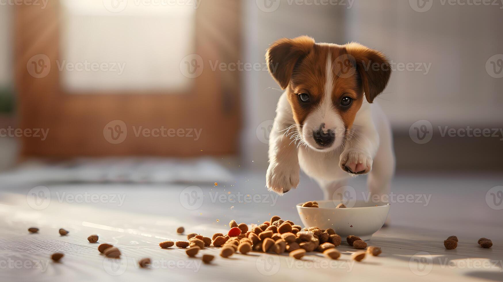 ai generiert ein klein süß Jack Russell Hündchen in der Nähe von ein Schüssel von Lebensmittel. ai generiert foto