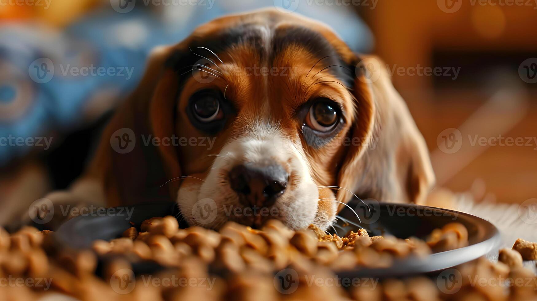 ai generiert ein klein süß Beagle Hündchen in der Nähe von ein Schüssel von Lebensmittel. ai generiert foto