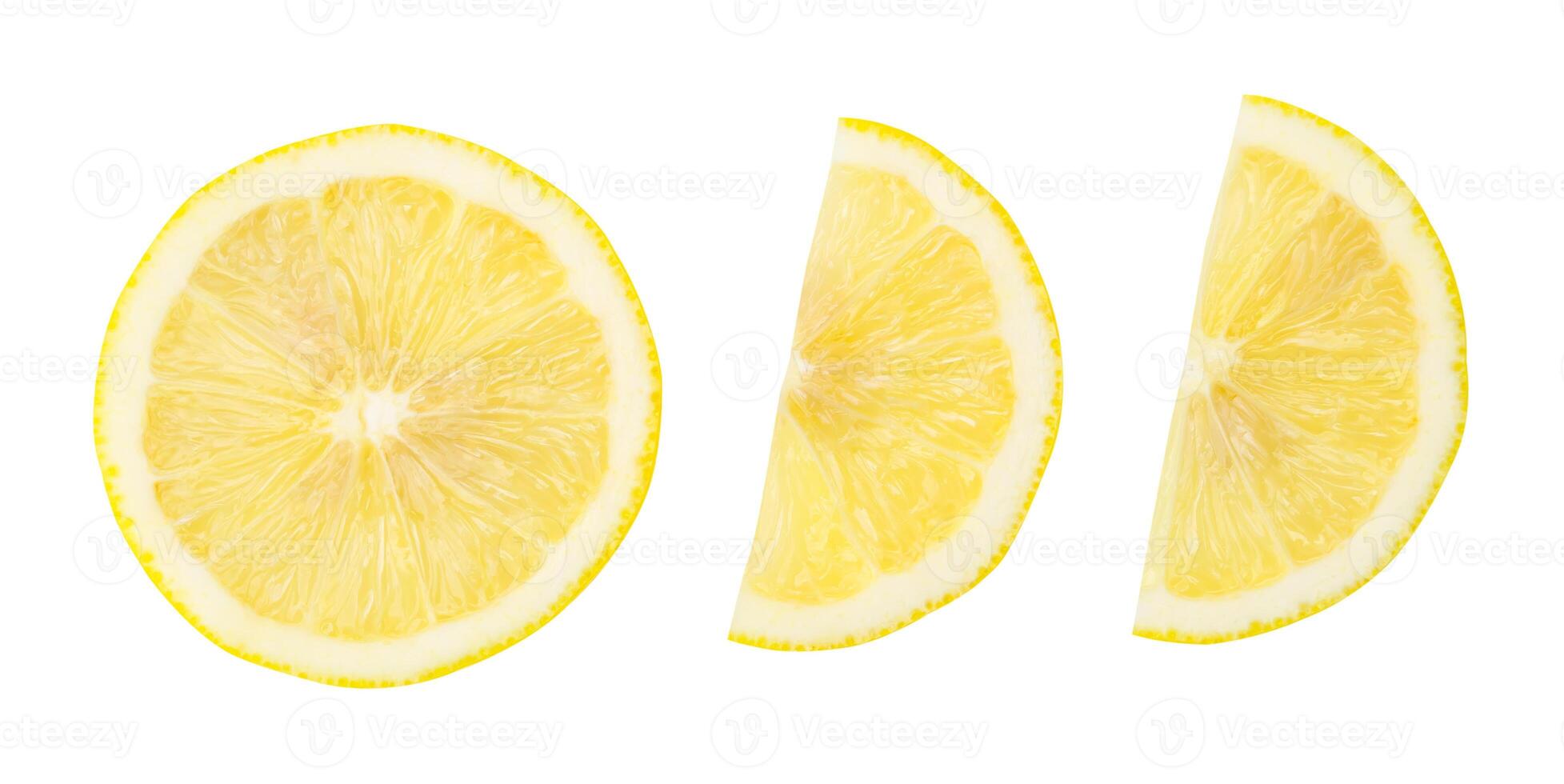 oben Aussicht einstellen von Gelb Zitrone Hälfte und Scheibe oder Quartal isoliert auf Weiß Hintergrund mit Ausschnitt Pfad foto