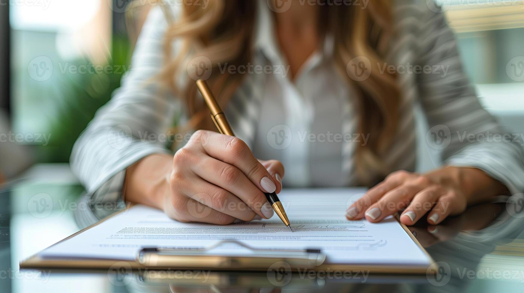ai generiert Geschäftsfrau mit Stift Unterzeichnung, Schreiben im Büro foto