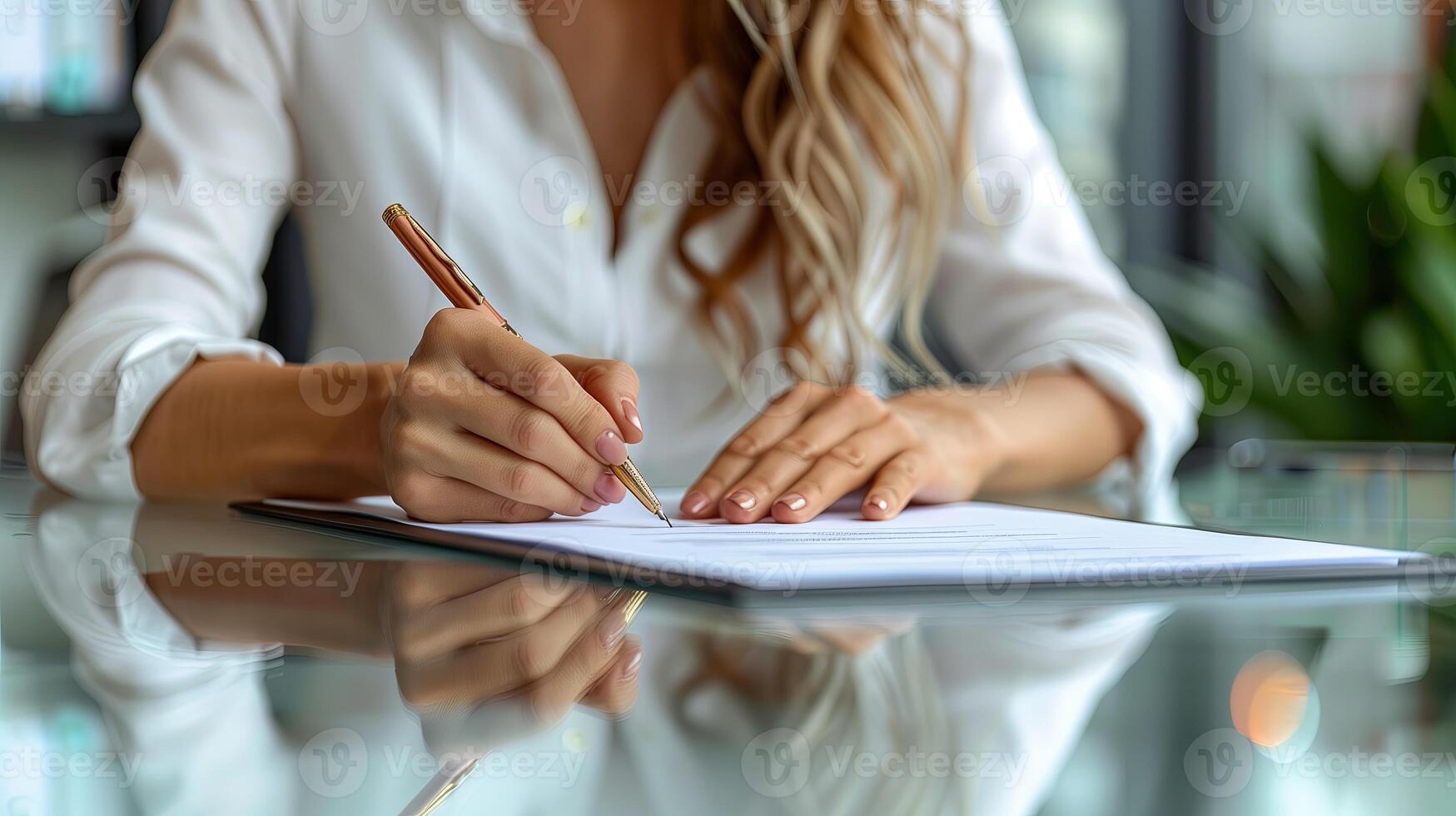 ai generiert Geschäftsfrau mit Stift Unterzeichnung, Schreiben im Büro foto