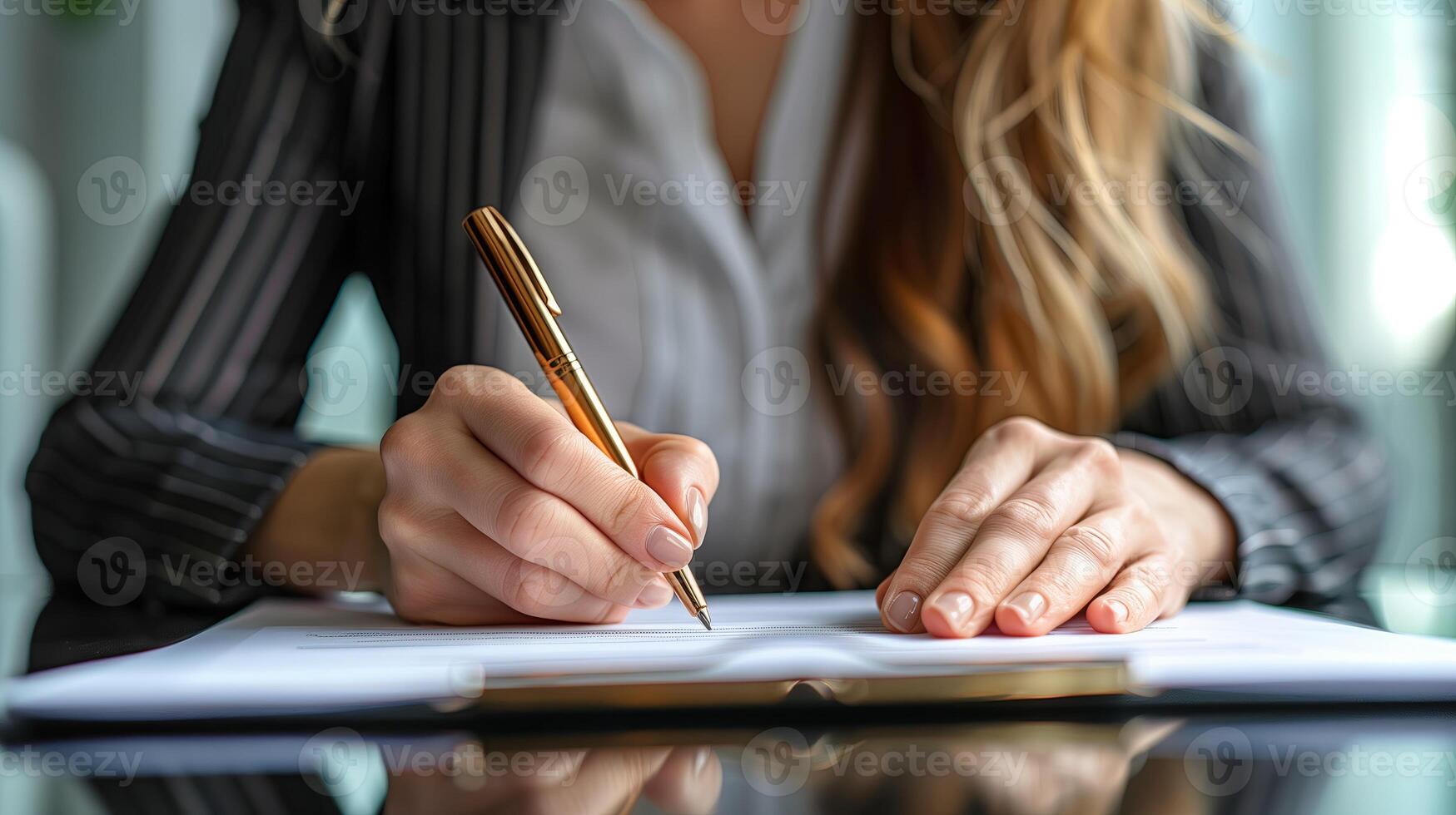 ai generiert Geschäftsfrau mit Stift Unterzeichnung, Schreiben im Büro foto