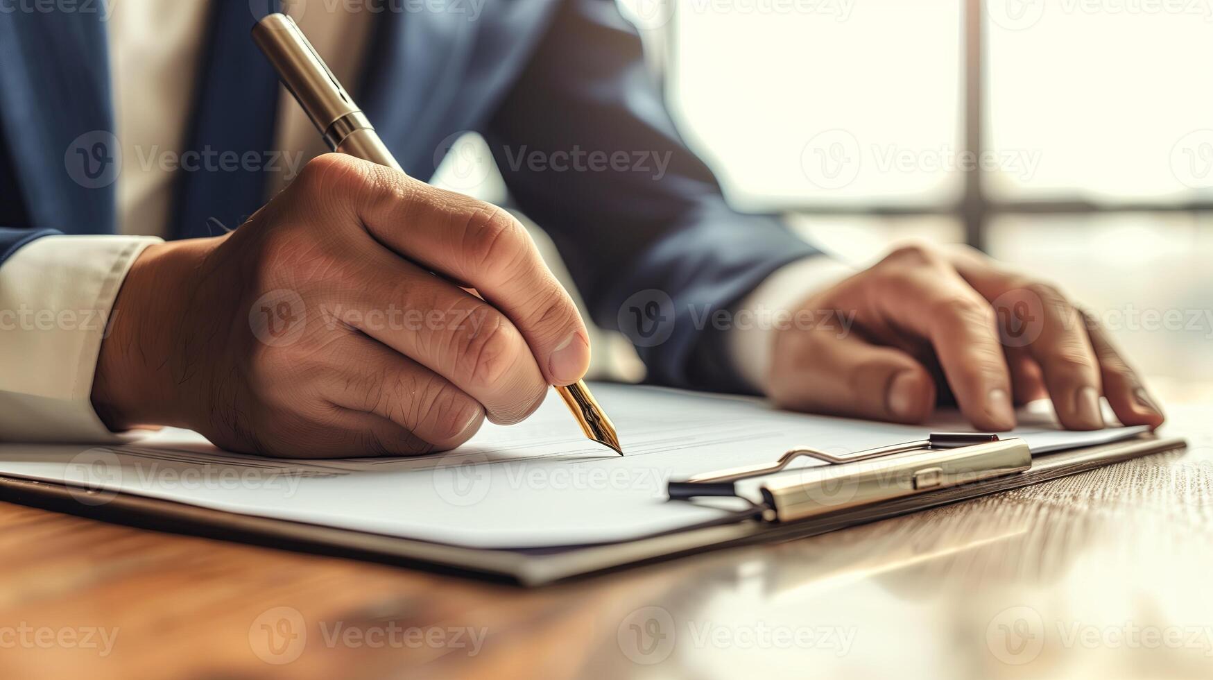 ai generiert Geschäft Mann mit Stift Unterzeichnung, Schreiben foto