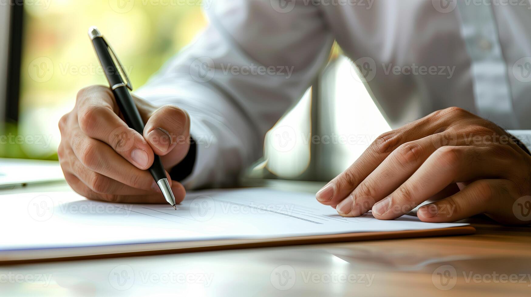 ai generiert Geschäft Mann mit Stift Unterzeichnung, Schreiben foto