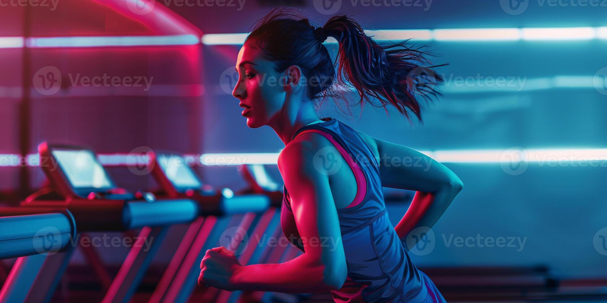 ai generiert entschlossen Athlet auf Laufband im neonbeleuchtet Fitnessstudio foto