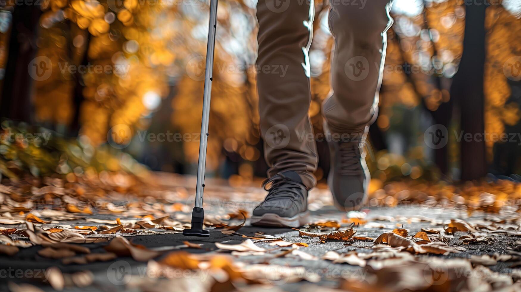 ai generiert abgeschnitten Foto von Beine von blind deaktiviert Mann mit lange Stock Gehen auf das Straße.