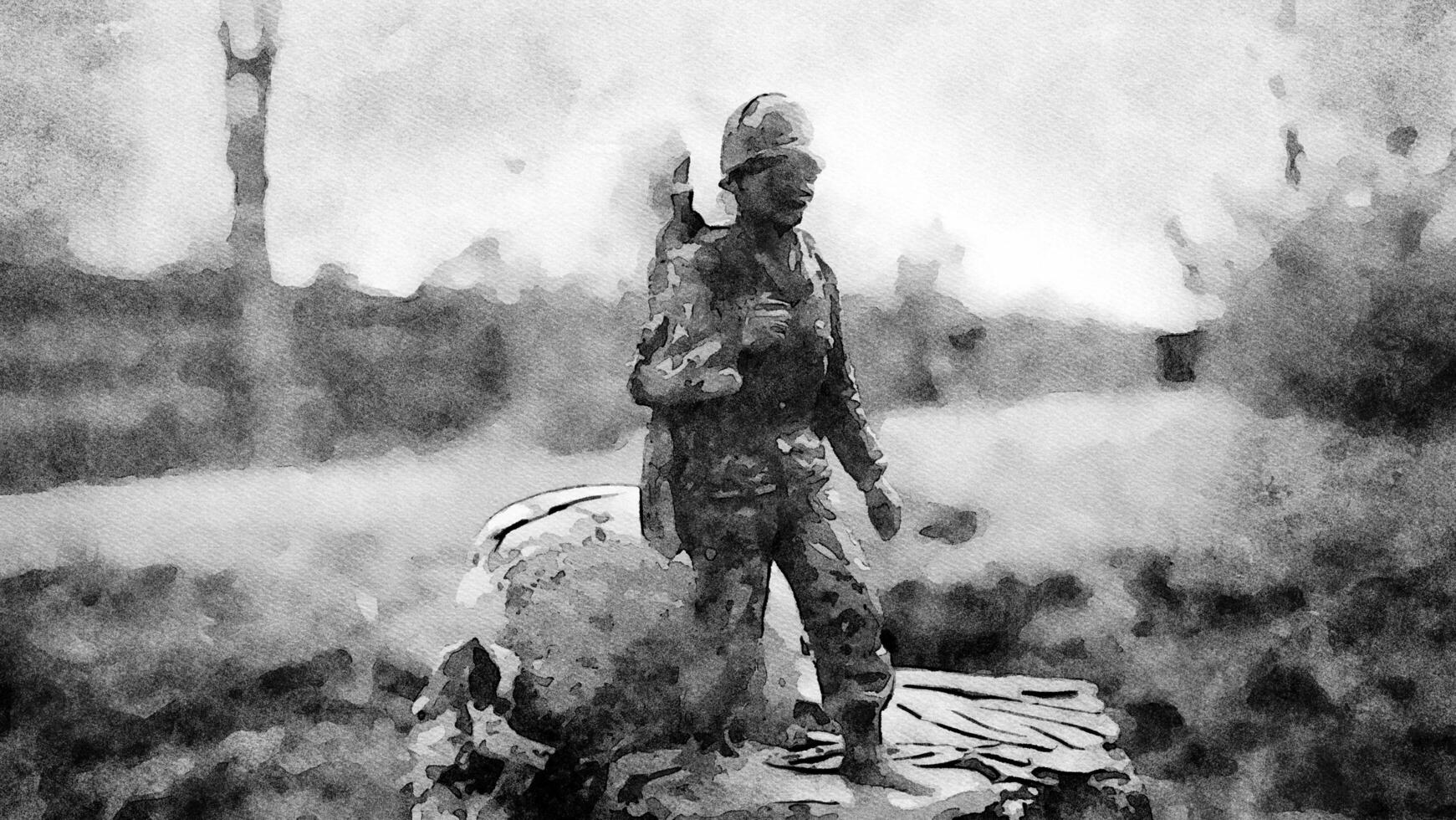 beim das Dämmerung von ein Neu Epoche das Soldat Blätter das Krieg und Tod hinter und Blätter foto