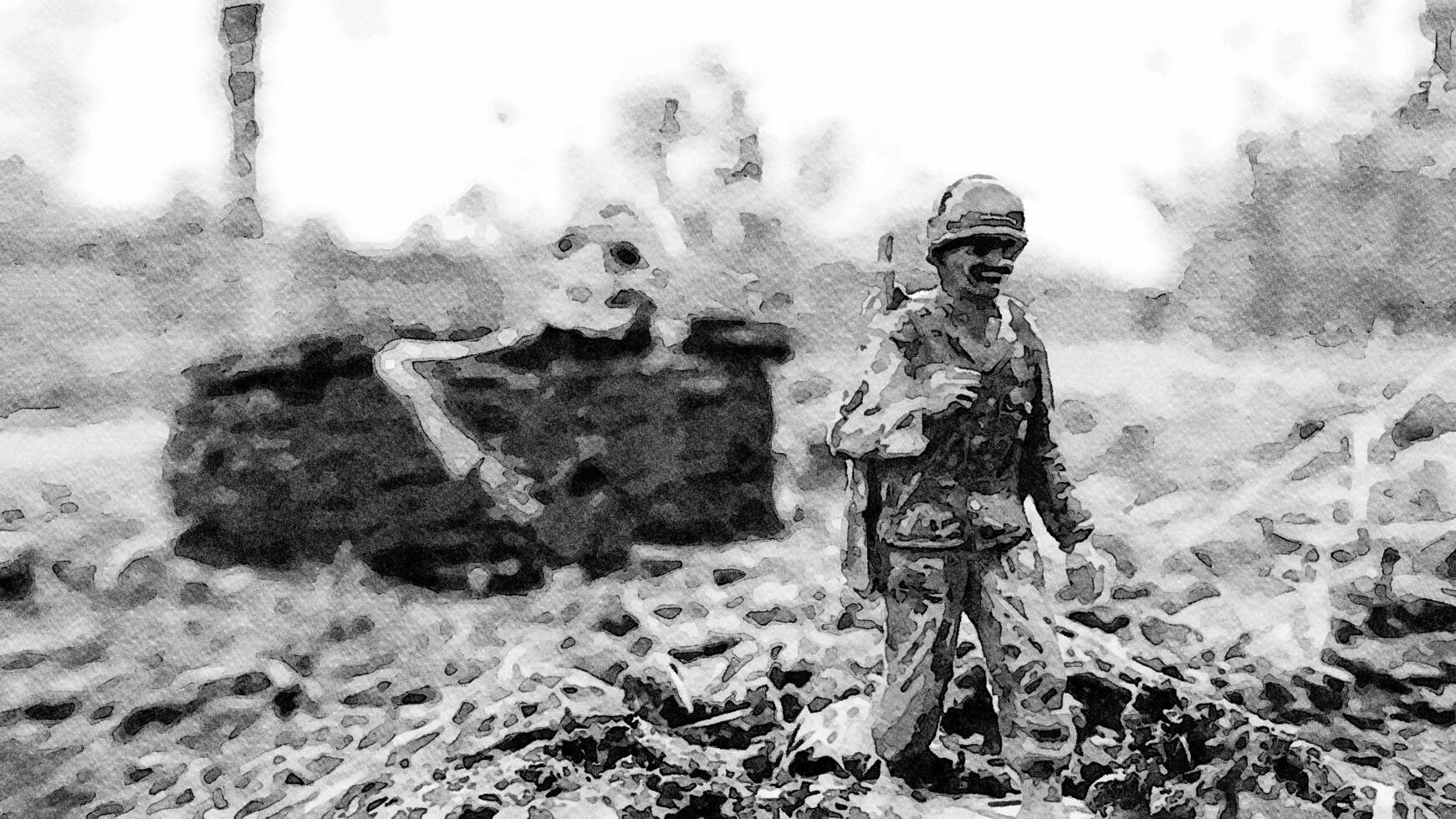 beim das Dämmerung von ein Neu Epoche das Soldat Blätter das Krieg und Tod hinter und Blätter foto