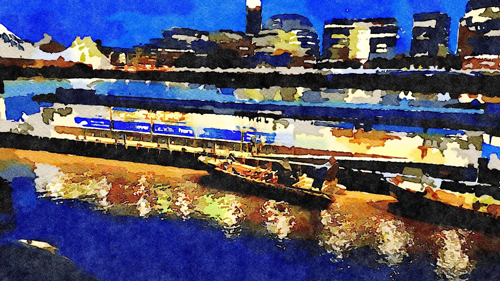 ein Abend Blick von das London Fluss Hafen im England. Digital Aquarell Stil. foto