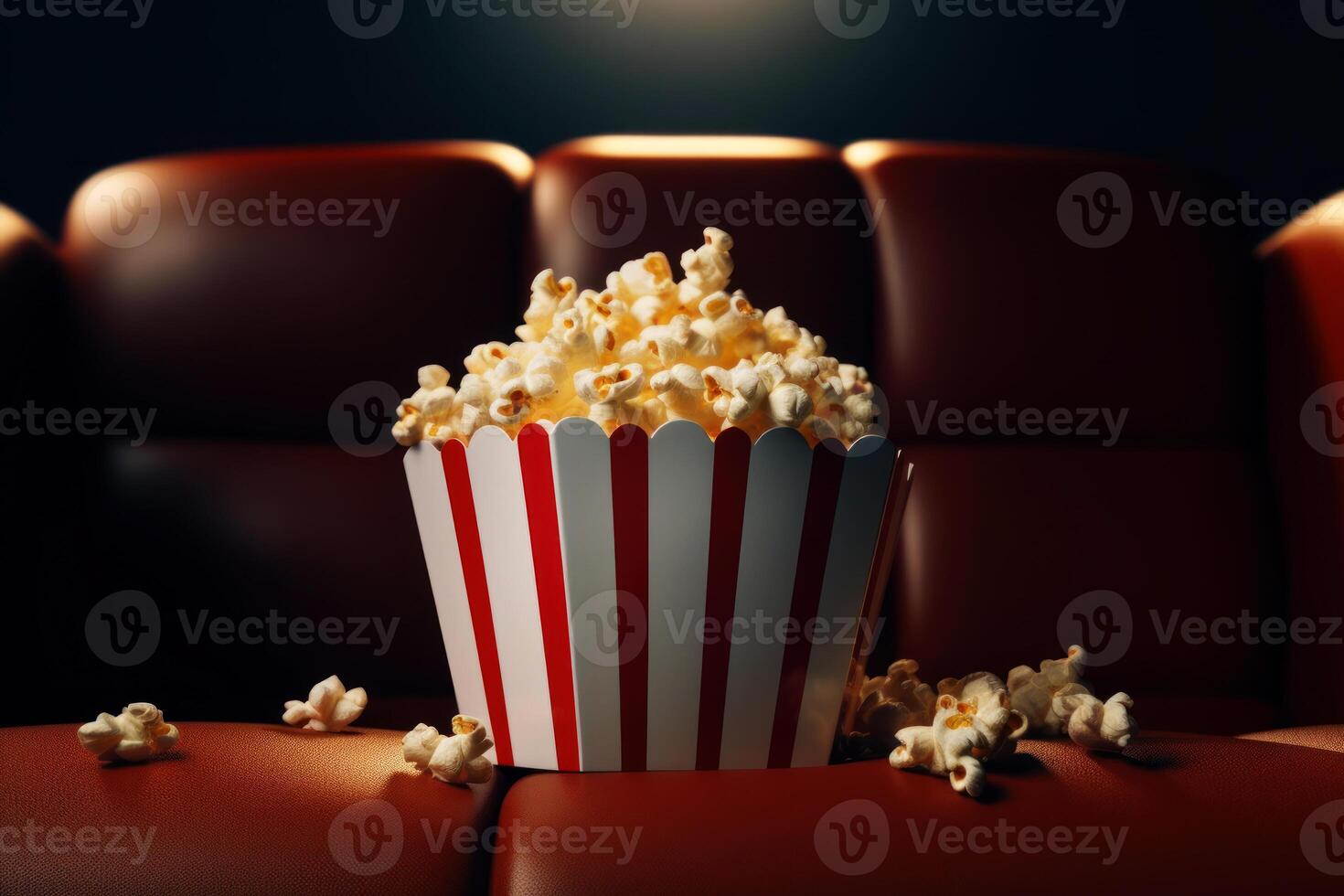 ai generiert rot Kino Stuhl mit Popcorn, . Konzept von Unterhaltung. ai generativ foto