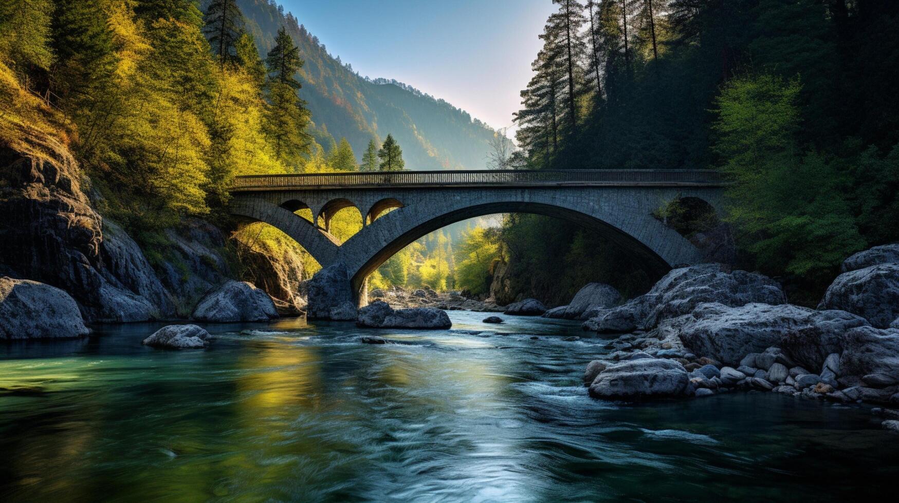 ai generiert Berg Brücken und Wasser Kreuzungen Hintergrund foto